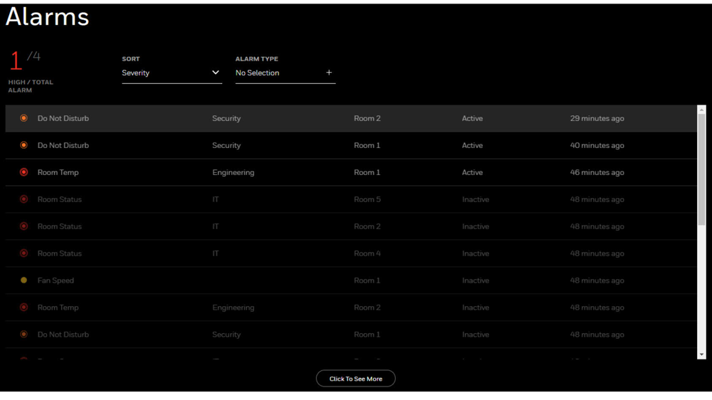 INNcontrol alarms screen