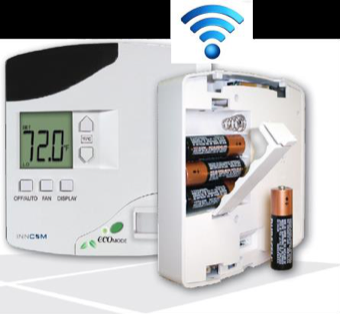INNCOM e529 wireless thermostat with battery compartment open